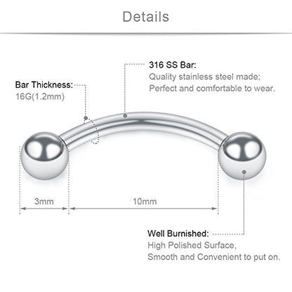 SCERRING 12PCS 16G Stainless Steel Curved Barbell Eyebrow Tragus Helix Ear Belly Lip Ring Body Piercing Jewelry - style: 10mm w Balls