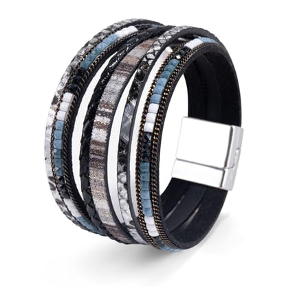 Wrapped Bracelets for Women,Leather Boho Bracelets for Women - color: Boho-Black