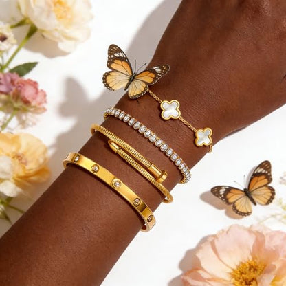 Gold Bracelets for Women, 18K Gold Plated Women Tennis Bracelets Clover Nail Love Bangle Bracelet Set, Gold Bracelet Stackable Set Trendy Jewelry, Gifts for Women's Day and Mother's Day - color: 09-Color- 4 White
