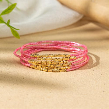 Boho Stackable Seed Beaded Bracelet Set for Women Colorful Multilayered Gold Beads Stretch Bracelets Summer Beach Bohemian Jewelry Gift - color: Watermelon Pink