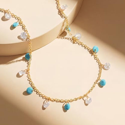 MTMY Gold Choker Necklace for Women, 14K Gold Plated Dainty Cubic Zirconia Cross Heart Shell Teardrop Charm Station Necklaces Trendy Summer Jewelry Gift - style: Turquoise CZ