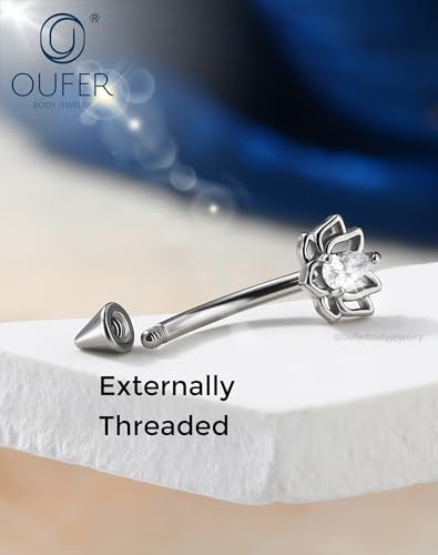 OUFER 16G Rook Piercing Jewelry, Lotus Eyebrow Earrings, 316L Surgical Steel Rook Earrings, Curved Barbell Lip Rings, Helix Cartilage Piercing Jewelry for Women - color: Silver