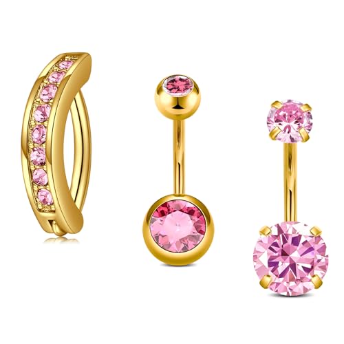 MODRSA Gold Belly Button Ring Dangle Belly Rings Silver Pink Dangling Dangly Belly Button Piercing Hypoallergenic Surgical Steel Opal Butterfly Navel Rings for Women Cute Dainty Navel Jewelry - color: C32-3pcs- pink gold