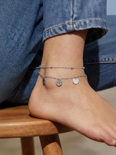 FindChic Ankle Bracelets for Women, Silver/Black/Gold Plated Layered Stainless Steel Anklets, Non-Tarnish Adjustable Waterproof Trendy Foot Jewelry for Beach Summer - style: Layered Coin Charm-Silver