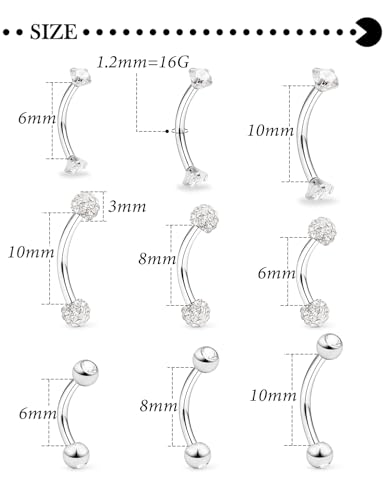 Hoeudjo Rook Piercing Jewelry Surgical Steel Eyebrow Piercing Jewelry 16g Surface Tragus Earrings Curved Barbell Daith Eyebrow Rings for Women Different Length 6/8/10mm - color: silver-tone,length 6/8/10mm