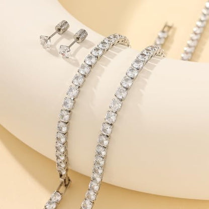 Tennis Jewelry Set for Women 4mm Cubic Zirconia Necklace Bracelet Earring 3Pcs Set Silver Tone Hypoallergenic Iced Out CZ Bridal Accessories Dainty Wedding Party Anniversary Birthday Gift for Her - color: silver 13 inches + 2 inches