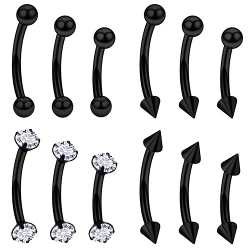 Rook Daith Piercing Jewelry 16G Stainless Surgical Steel Curved Barbell Eyebrow Rings Vertical Labret Lip Piercing Jewelry Rook Daith Earrings for Women Men 6MM 8MM 10MM Hypoallergenic - color: Black-6MM 8MM 10MM