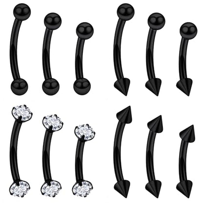 Rook Daith Piercing Jewelry 16G Stainless Surgical Steel Curved Barbell Eyebrow Rings Vertical Labret Lip Piercing Jewelry Rook Daith Earrings for Women Men 6MM 8MM 10MM Hypoallergenic - color: Black-6MM 8MM 10MM