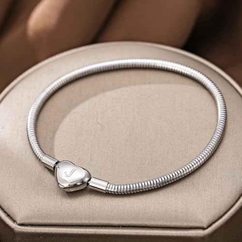 Initial Bracelet Heart Clasp Stainless Steel Snake Chain Alphabet Letter Charm Gift for Women Mom Girlfriend Wife - style: J
