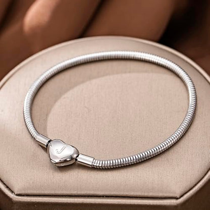 Initial Bracelet Heart Clasp Stainless Steel Snake Chain Alphabet Letter Charm Gift for Women Mom Girlfriend Wife - style: J