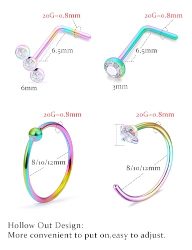 20g Nose Rings Hoops L Shaped Studs Gold/Black/Rainbow Piercings Jewelry for Women Hypoallergenic Surgical Stainless Steel - color: Rainbow