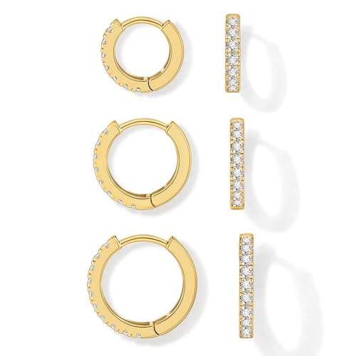 micuco 3 Pairs Small Hoop Earrings Tiny Cartilage Earrings for Women Men | Cubic Zirconia Earrings Huggie Hoop Ear Piercing Earrings for 8mm 10mm 12mm - color: 4# 14K Gold Plated 8mm,10mm,12mm