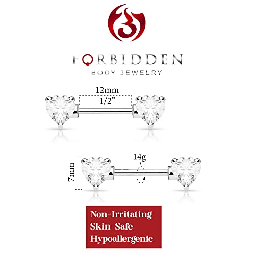Forbidden Body Jewelry Pair of Surgical Steel 1/2-5/8 Inch (12-16mm) Cubic Zirconia Crystal Double Heart Nipple Barbells - style: Clear