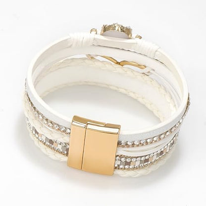 Suyi Multilayer Leather Wrap Bracelet Heart-Shape Wide Bracelets for Women - color: White
