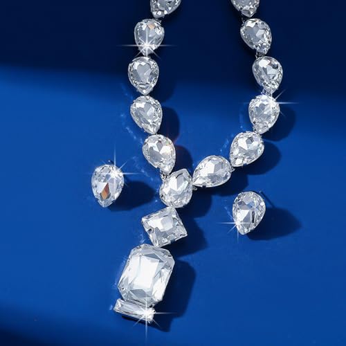 Fashion Colorful Green Silver Bridal Teardrop Crystal Necklace Earrings Set Square Necklace Pendant Crystal Wedding Jewelry for Women Exaggeration Halloween Choker Necklace Earrings Set for Women - color: Silver