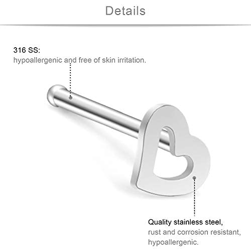 SCERRING 20G 18PCS Stainless Steel Heart Bone L Shaped Screw Nose Stud Rings Piercing Jewelry 2mm Cubic Zirconia - style: 18PCS - Bone