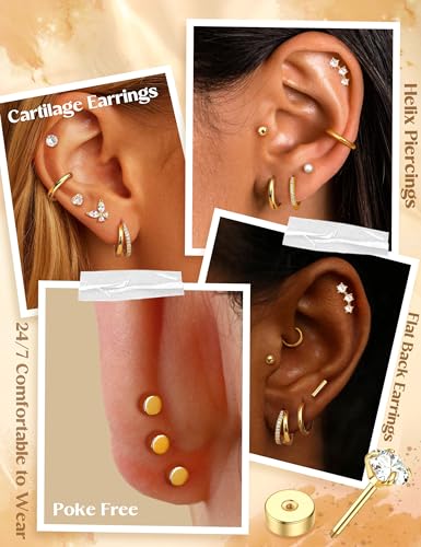 BESTEEL Hypoallergenic Flat Back Earrings - 14K Gold Plated Cartilage Earring Sets 20G Surgical Stainless Steel Earrings for Women Small Hoop Flatback Stud Earring Stacks Helix Conch Tragus Piercing Jewelry - color: 14K Gold Plated