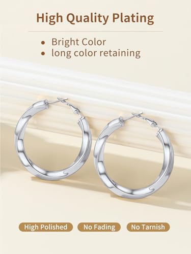 FindChic Twisted Hoop Earrings for Women, Silver/Black/14K Gold Plated Hypoallergenic Hollow Tube Rounded Loop Earrings, 30mm/40mm/60mm/80mm Hoops with Custom Name Options and Gift Box - color: b.Silver, size: 40MM