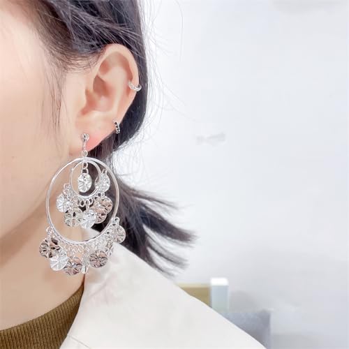 Clip On Boho Disc Tassel Long Dangle Drop Earrings for Women Non Pierced Ear Fake Stud Fashion Round Coin Hollow Circle Moon Shaped Big Dangling Hypoallergenic Jewelry Christmas Gift - color: silver