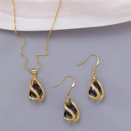 Pearl Jewelry Set For Women S925 Sterling Silver/14K Gold Plated Necklace & Earrings Set Freshwater Pearl Pendant Cage Set for Wedding Anniversary Prom Birthday Gift - color: Golden-Black