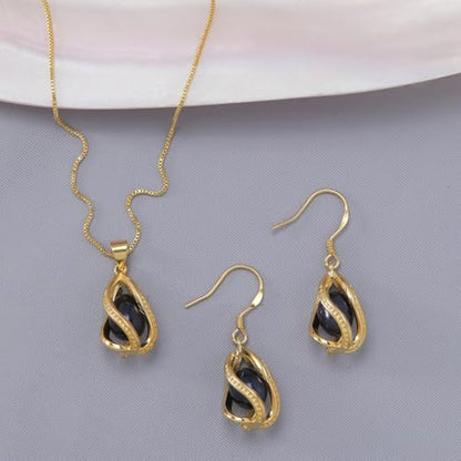 Pearl Jewelry Set For Women S925 Sterling Silver/14K Gold Plated Necklace & Earrings Set Freshwater Pearl Pendant Cage Set for Wedding Anniversary Prom Birthday Gift - color: Golden-Black