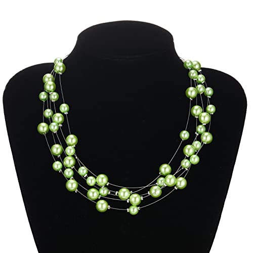 FULU AUTUMN Layered Pearl Necklace Multi-strand Pearl Choker Necklaces for Women Beaded jewelry for Wedding Parties - color: Fruit green