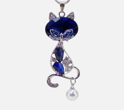 Blue Crystal Cat Pendant Necklace for Women – Large Sparkling Rhinestone with Moving Pearl, Long Silver Tone Snake Chain, Cat Lover Gift Fashion Statement Jewelry