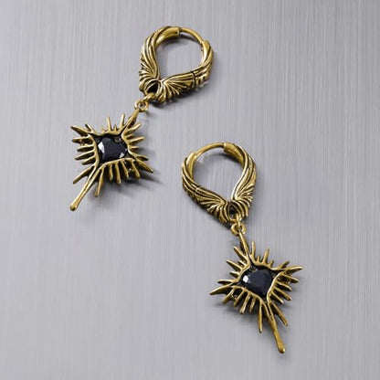 PUNKYOUTH Gothic Crest Dangle Drop Hoop Earrings Dark Alternative Piercing Jewelry 18G 1mm Antique Finish Ornate Scroll Cubic Zirconia Spike Statement Everyday Wear Accessories For Women Men - color: Winged Heartburst Earring-Gold