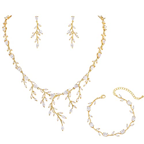 Bridal Wedding Jewelry CZ Set Marquise Teardrop Cubic Zirconia Pendant Necklace and Dangle Earring Bracelet Sets for Women - color: Gold - 03