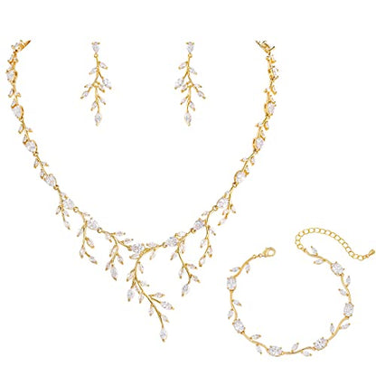 Bridal Wedding Jewelry CZ Set Marquise Teardrop Cubic Zirconia Pendant Necklace and Dangle Earring Bracelet Sets for Women - color: Gold - 03