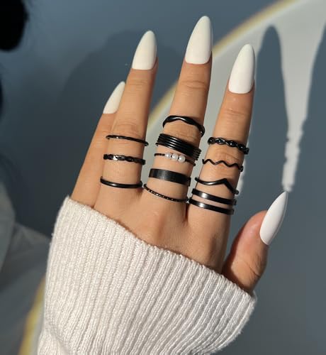iF YOU 25 Pcs Gold Stackable Ring Set for Women, Chunky Knuckle Finger Midi Rings, Silver Simple Stacking Cute Rings Pack Trendy Stuff Jewelry Gift - style: 25 Black chunky rings