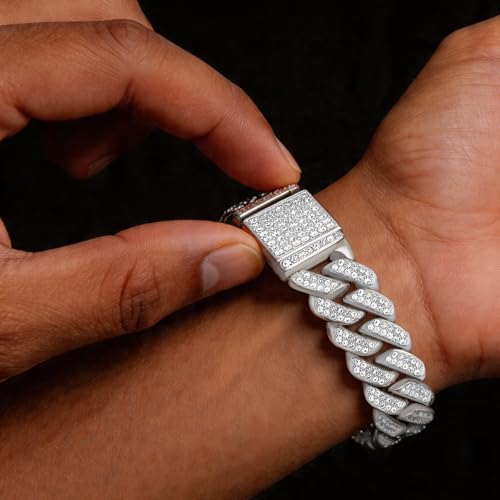Mens Cuban Link Chain Iced Out Miami Cuban Necklace/Bracelet |14mm Silver & Gold Plated Chains | Bling Diamond Hip Hop Jewelry For Men Women - color: Silver, size: 8 inches