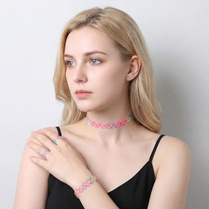18 Pcs 90s Tattoo Choker Necklace, Bracelet & Ring Set Stretch Gothic Black Lace Vampire Accessories Retro Grunge Aesthetic Tattoo Effect Jewelry Accessories for Women - color: Rainbow