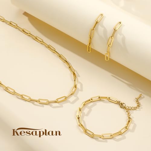 KesaPlan Gold Chain Necklace Bracelet and Earrings for Women Silver Chunky Jewelry Set, 14K Gold Plated Ladies Dainty and Chunky Chain Link Paperclip Jewelry Set for Women Gifts - style: Paperclip Set Gold 1