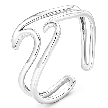 Silver Open Adjustable Stacking Rings for Women, Minimalist Wrap Band Set, Geometric/Heart/Wave/Leaf/Spiral Styles, Hypoallergenic, Gift Box Included, Thumb Ring Option - color: Wave
