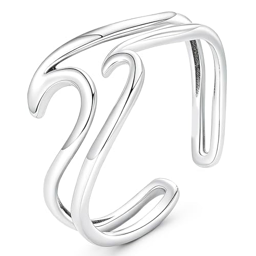 Silver Open Adjustable Stacking Rings for Women, Minimalist Wrap Band Set, Geometric/Heart/Wave/Leaf/Spiral Styles, Hypoallergenic, Gift Box Included, Thumb Ring Option - color: Wave