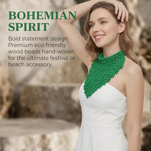 Coiris Boho African Wooden or Acrylic Beaded Bib Statement Necklace Strands Layered Cluster Chunky Collar Choker Wood Necklace for Women Fashion Costume Jewelry - color: Green