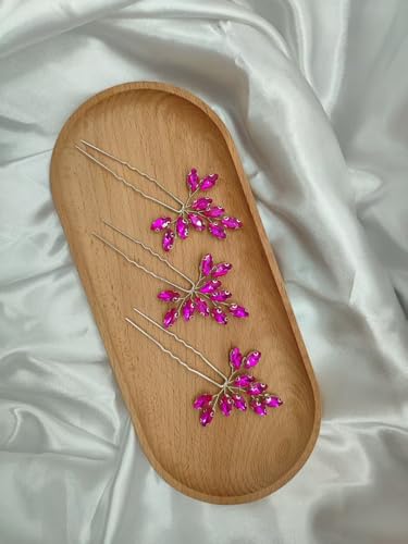 Wedding Party Hair Pins for Brides Crystal Leaf Bridal Shower Headpieces Bridesmaid Honeymoon's Photography Headpieces(set of 3),Fuchsia - color: Fuchsia