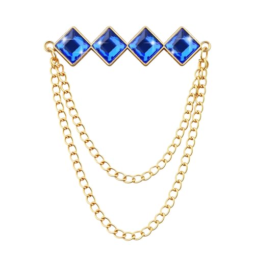 Gem Brooch Pins Hanging Chain Lapel Pin for Men Suits Metal Tassel Chain Collar Pins Suit Brooch Vintage Crystal Rhinestone Brooches for Men Wedding Business Prom Party - color: Blue