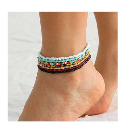 Boho Handmade Beaded African Anklets Multicolor Women Stretch Seed Beads Rainbow Ankle Bracelets Glass Bead Bracelet Elastic Foot and Hand Chain Jewelry (7PCS)