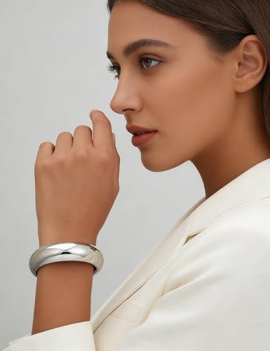 Chunky Gold Bangle Bracelets for Women, Dainty 14k Gold Plated Big Stackable Bangles Set, Trendy Statement Cuff Bracelet Stack Fashion Jewelry Gifts - style: 2 Silver & gold chunky bangles