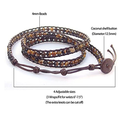 Genuine Stone Wrap Bracelets for Women Natural Crystal Beaded Wrap Bracelet 2/3/5 Adjustable Bohemian Bracelets Jewelry Gifts for Women Mom - color: tiger's eye(3 wraps)