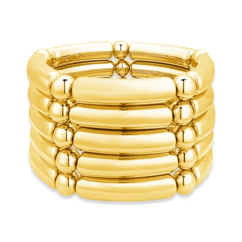 YBMYCM 5PCS Gold Chunky Bangles Bracelets for Women | 14k Gold Plated Stackable Layered Curved Bamboo Tube Stretch Bracelets Bangle Gift Jewelry - color: 5pcs G-8mm