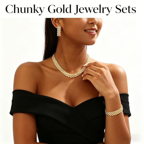Chunky Gold Jewelry Sets for Women 14K Gold Plated Necklace Earrings Bracelet Set Cuban Link Thick Choker Necklace Punk Statement Necklaces Earrings Bracelet Set Fashion Jewelry Gift for Women - color: Gold