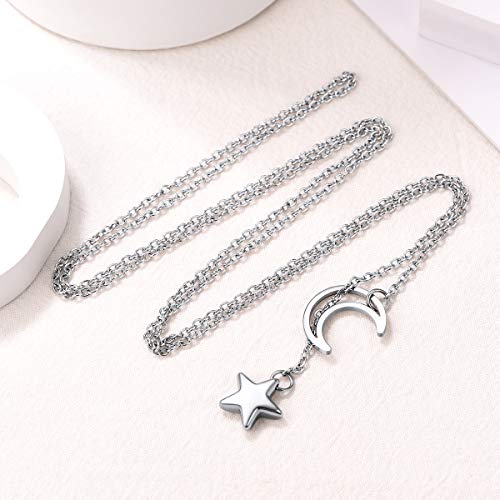 FOCALOOK Heart Lariat Necklaces for Women, Long Slip Chain Necklace | Hypoallergenic 316L Stainless Steel Silver/Black/Gold Plated, Front Slider Closure, Non Tarnish, Layered look, Everyday Wear - color: 18:Silver Star Moon