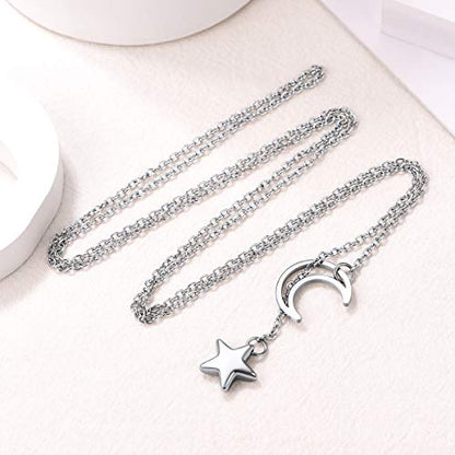 FOCALOOK Heart Lariat Necklaces for Women, Long Slip Chain Necklace | Hypoallergenic 316L Stainless Steel Silver/Black/Gold Plated, Front Slider Closure, Non Tarnish, Layered look, Everyday Wear - color: 18:Silver Star Moon
