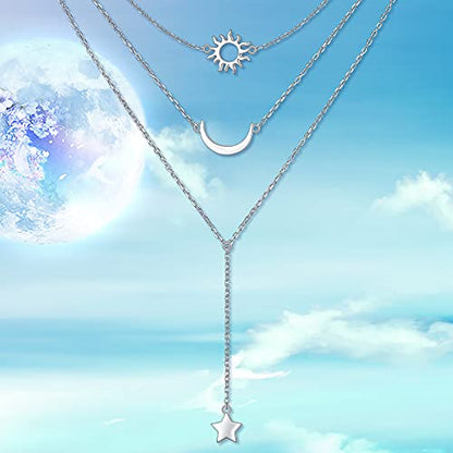 925 Sterling Silver Multilayer Layered Triple Long Chain Necklace for Women - style: Sun Moon Star