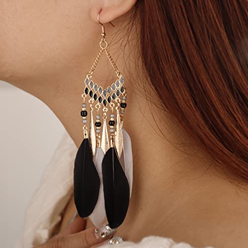 Gold Long Black Fake Feather Drop Dangle Earrings Women Statement Tassel Ethnic Beaded Earrings Hook Lightweight Boho Earrings Set Vintage Dangle Earrings Gift for Women（Black）