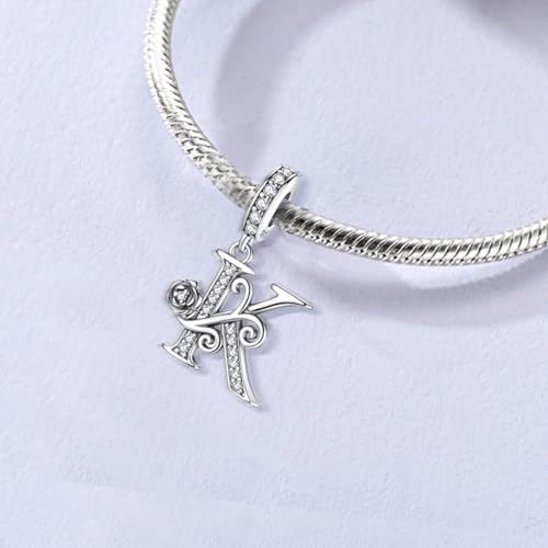 LNQOBU Complete A~Z Alphabet Charm Letter Beads, Solid 925 Sterling Silver with Cubic Stones Rose Alphabet Charm fits Pandora Bracelets Necklace Women Jewelry - color: CYT-K