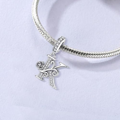 LNQOBU Complete A~Z Alphabet Charm Letter Beads, Solid 925 Sterling Silver with Cubic Stones Rose Alphabet Charm fits Pandora Bracelets Necklace Women Jewelry - color: CYT-K